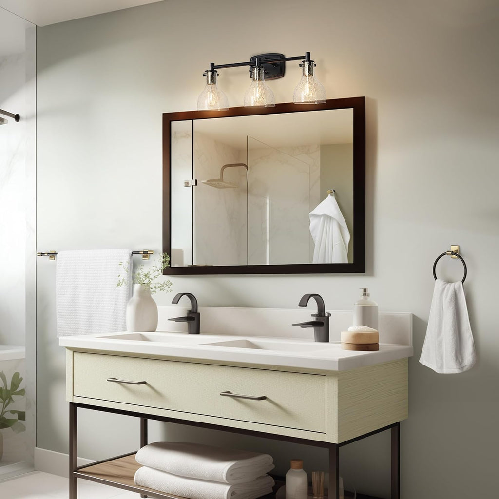 GLOBE Electric 63000062 5-Piece All-in-One Bathroom Set, Matte Black & Brass, 3-Light Vanity Light, Seeded Glass, Towel Bar, Toilet Paper Holder, Towel Ring, Robe Hook, Bathroom Lights Over Mirror