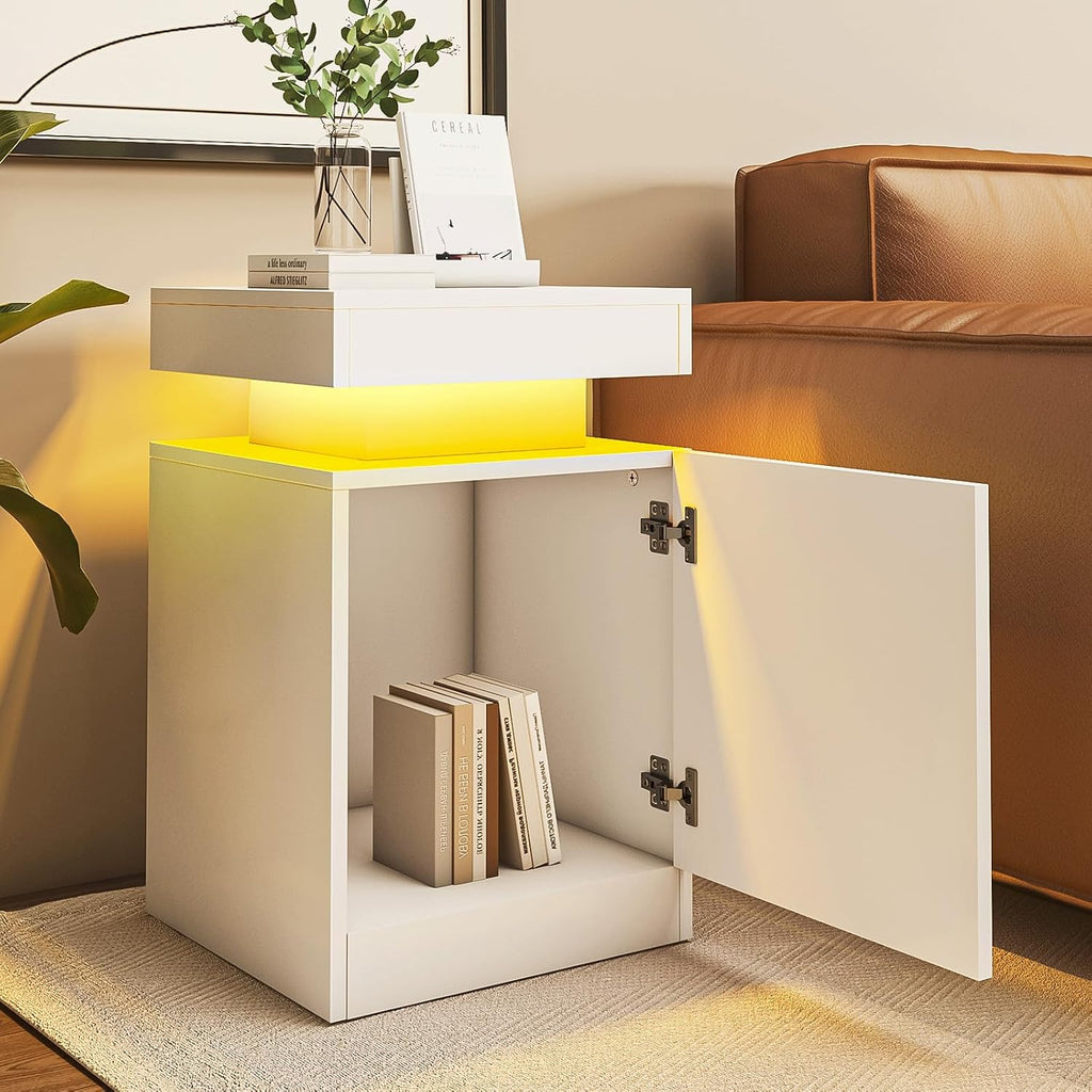 Nightstands Set 2, 15 Inches LED Night Stand Set of 2, Modern Bedside Table with LED Lights, High Gloss Surface, End Table with Storage for Bedroom, Whites