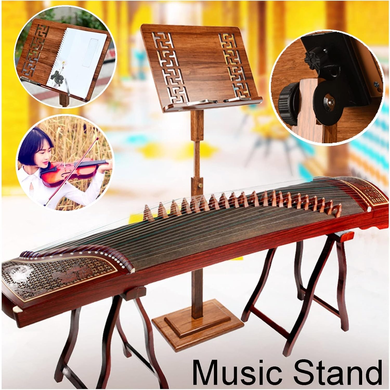 Music Stand with Phone Holder Microphone Holder, Metal Folding Sheet Music Stand, Orchestra Stand, It Can Be Used As A Reading Stand, and The Music S (Wood 17cm*45cm*75cm)