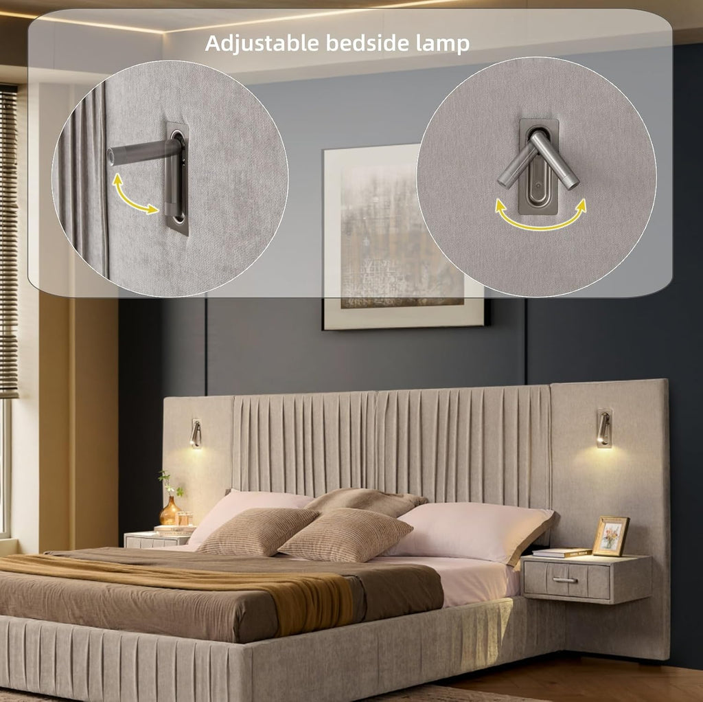KEIKI King Size Chenille Bed Frame with 2 Nightstands, Lamps & Oversize Headboard, Solid Wood Frame Platform Night Stand Bedroom Set, Upholstered Floor Grounded Bed, No Box Spring Needed, Beige