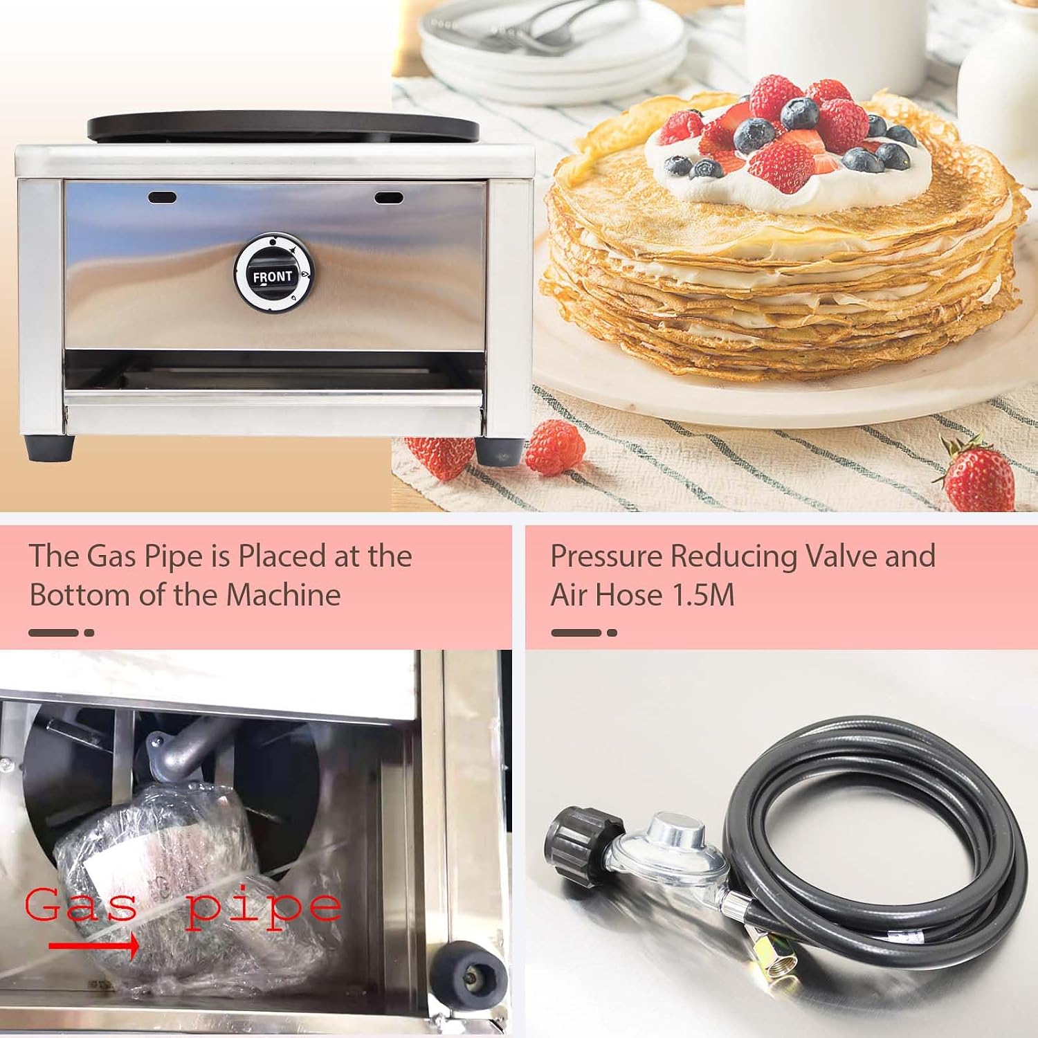 Commercial Gas Crepe Maker, Pancake Griddle Machine with 2800Pa Low Pressure Valve, Gas Crepe Machine with 15.75' Diameter Plate, Non-Stick and Easy to Clean, for Versatile Cooking