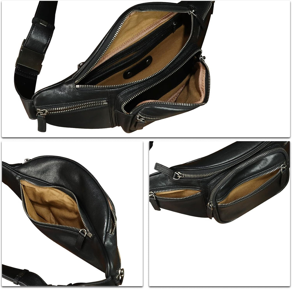 Genuine Leather Fanny Packs for Women and Men Waist Bag Vintage Hip Bum Bag Over Shoulder Crossbody Sling Bag (Black)
