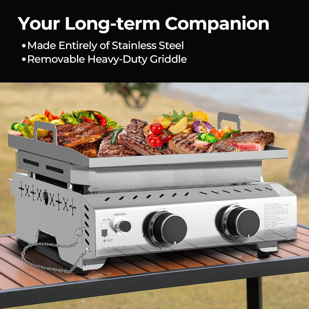 R.W.FLAME Portable Propane Griddle,Stainless Steel Gas Grill,Table Top Grill for Outdoor BBQ,Camping and RVs,Silver (2 Burner)