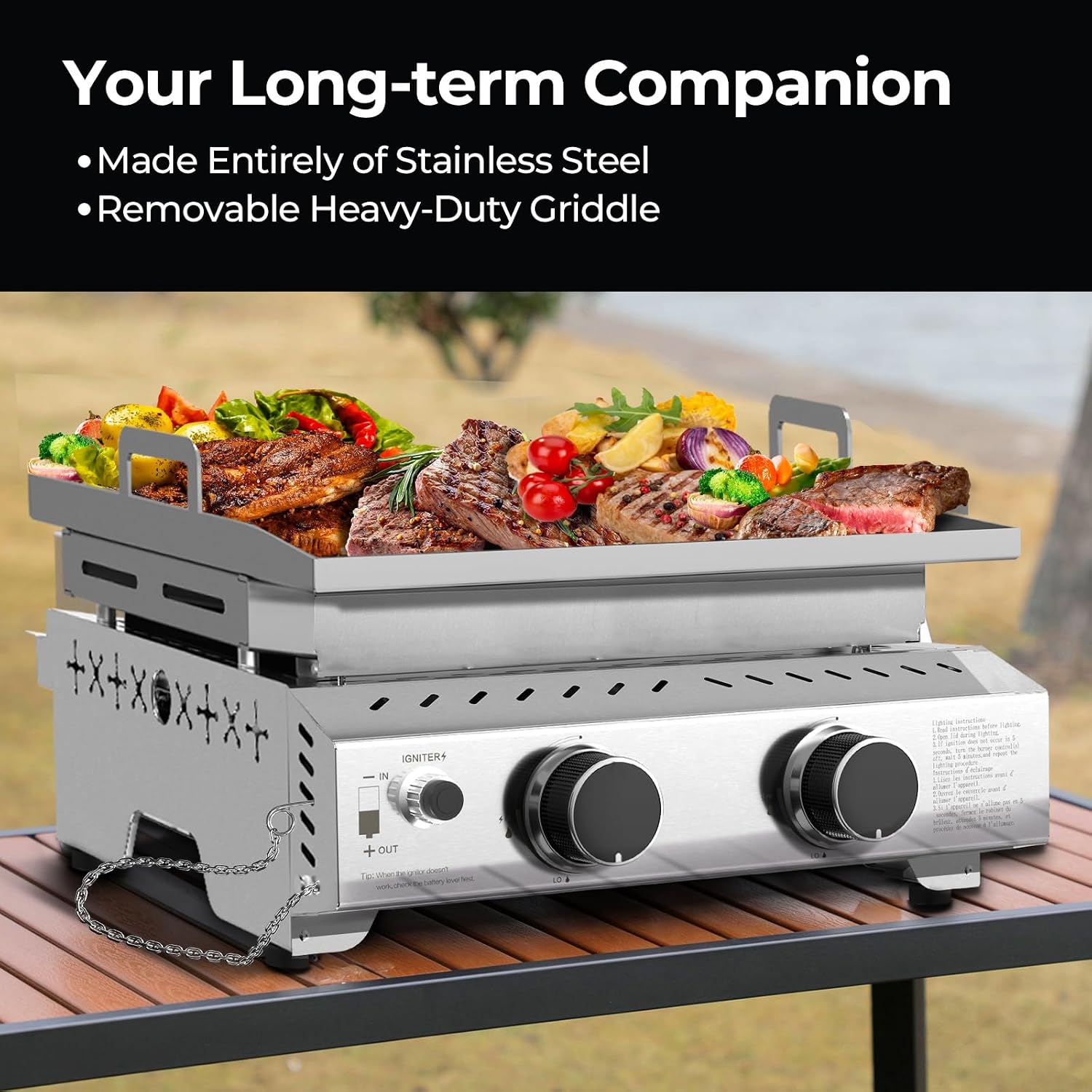 R.W.FLAME Portable Propane Griddle,Stainless Steel Gas Grill,Table Top Grill for Outdoor BBQ,Camping and RVs,Silver (2 Burner)