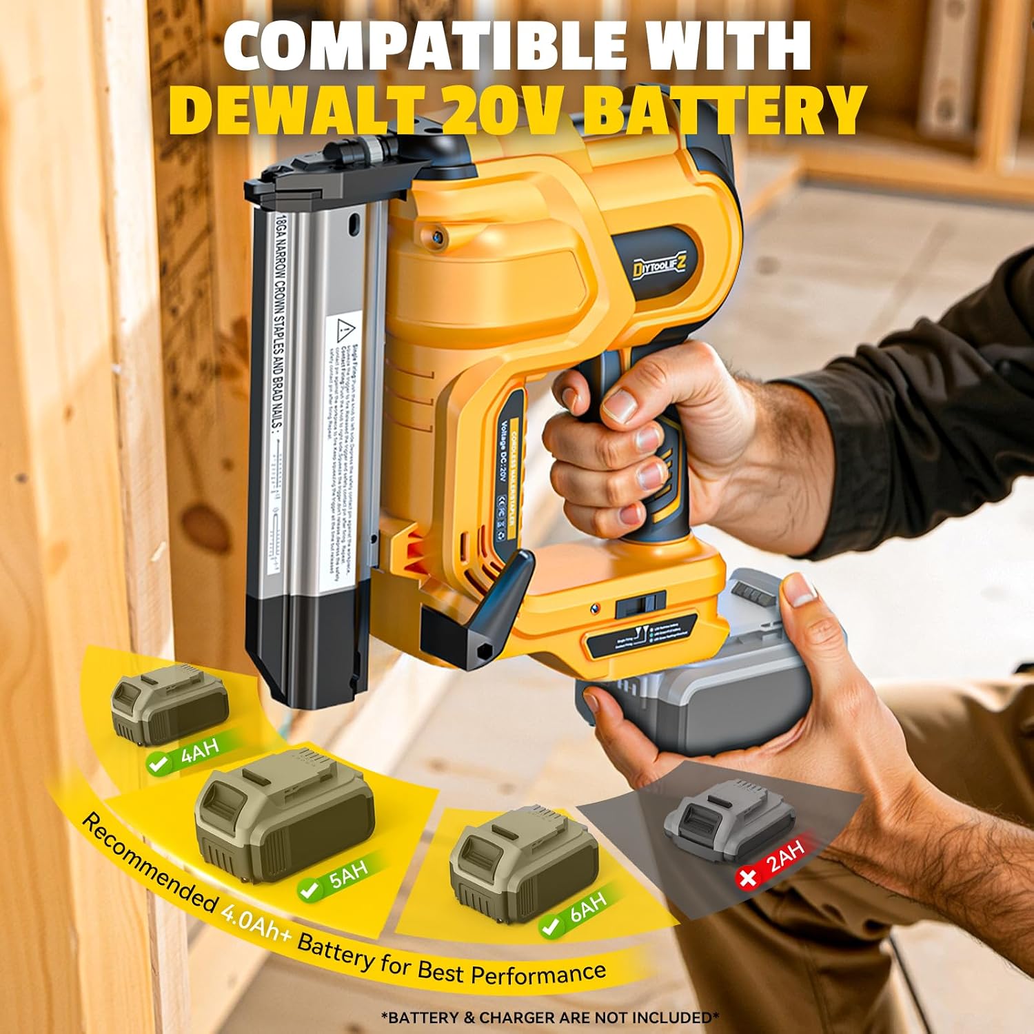 DIYtoolifz 18GA Cordless 2' Brad Nailer Compatible with DeWalt 20V (Tool Only), 2-in-1 Nail & Staple Gun, Tool-Free Jam, Adjustable Depth, 2 Modes with 400 Nails/Staples for Woodworking,Trim,Carpentry