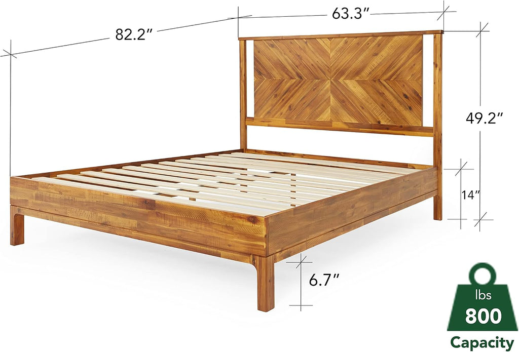 Bme Vivian 14 Inch Deluxe Bed Frame with Headboard, Rustic & Scandinavian Style with Solid Acacia Wood, No Box Spring Needed, 12 Strong Wood Slat Support, Easy Assembly, Queen, Rustic Golden Brown