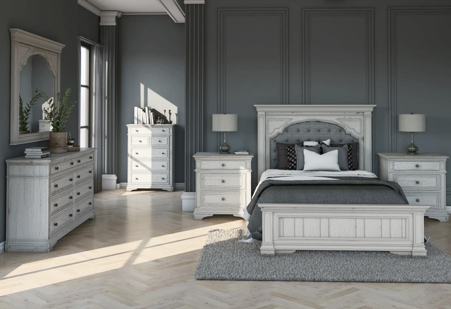 Steve Silver Company Highland Park 83.5' x 90' Farmhouse Wood & Fabric Upholstered Panel King Bed with Button Tufted Headboard, Low Vertical Planked Inset Panel Footboard, in Rustic Ivory Finish
