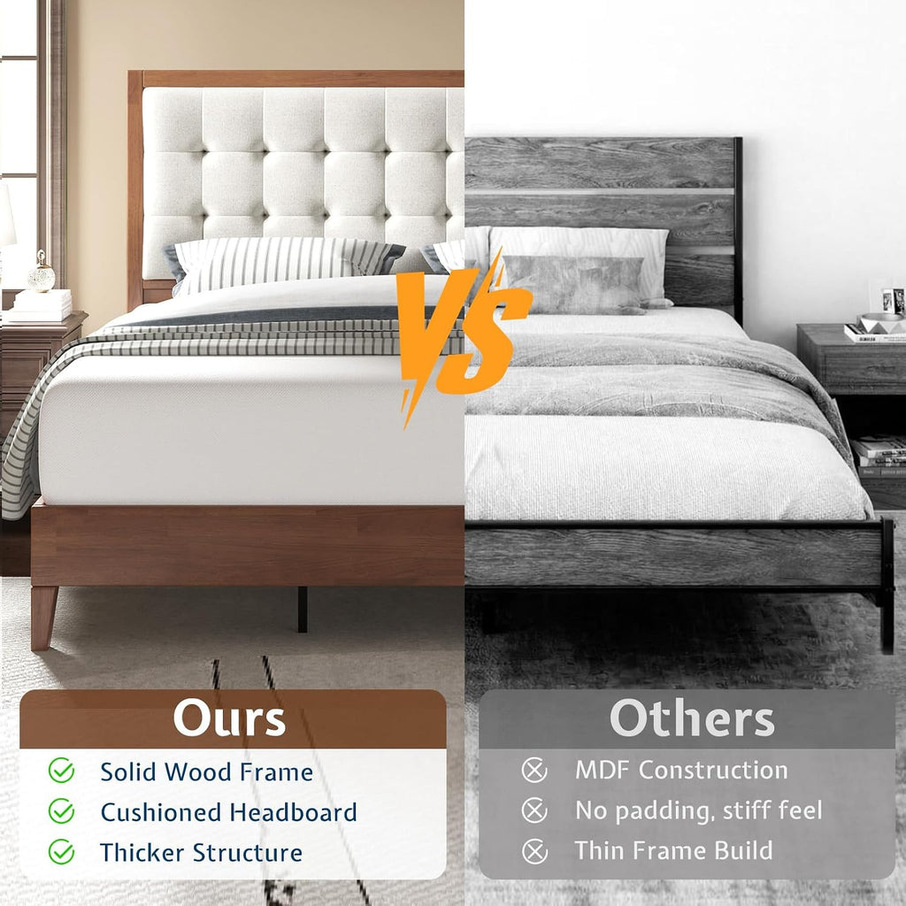 Jocisland Solid Wood Full Size Bed Frame 50.2' Tall Upholstered Headboard, Mid-Century Style, Stable Platform Support, No Box Spring Needed, Walnut