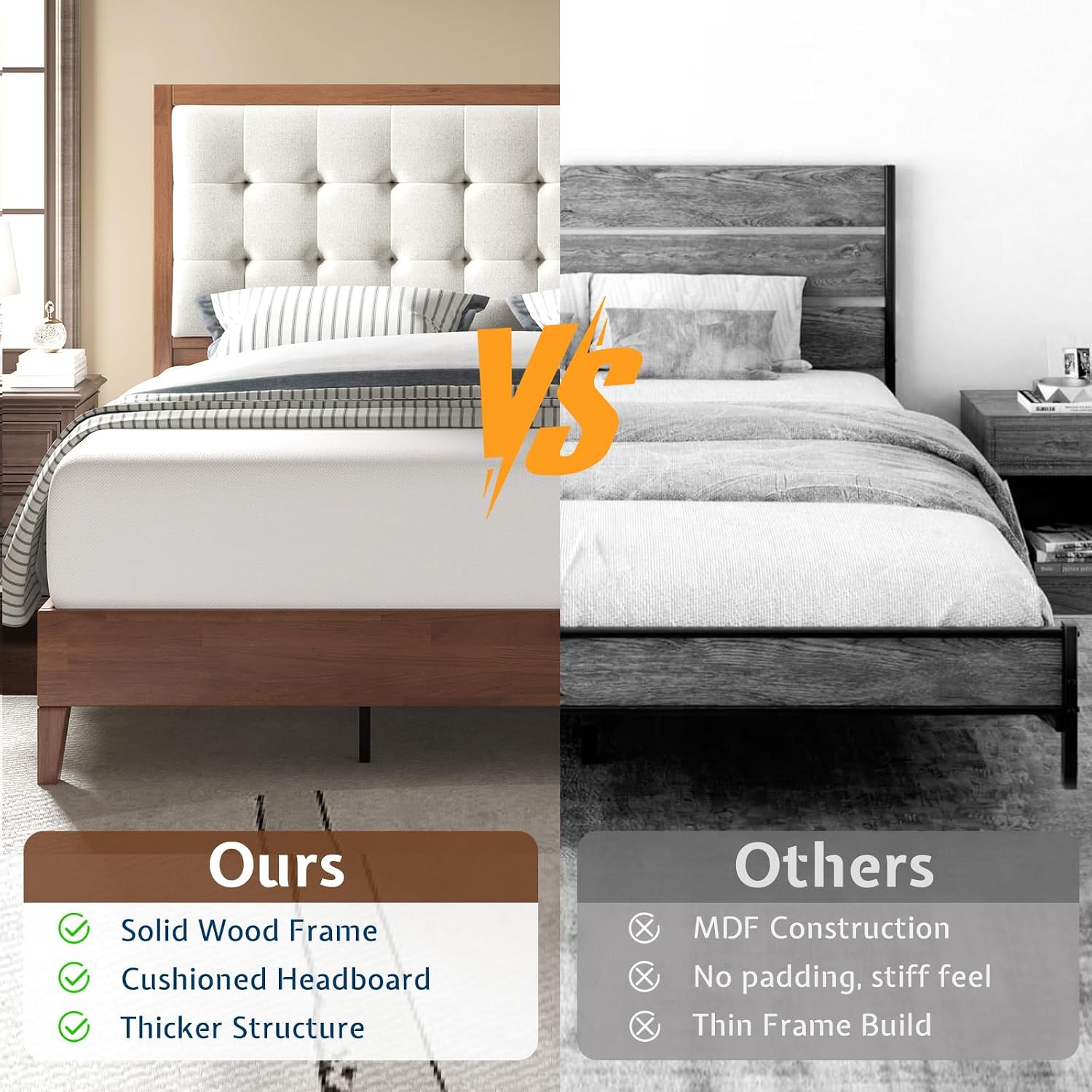 Jocisland Solid Wood Full Size Bed Frame 50.2' Tall Upholstered Headboard, Mid-Century Style, Stable Platform Support, No Box Spring Needed, Walnut