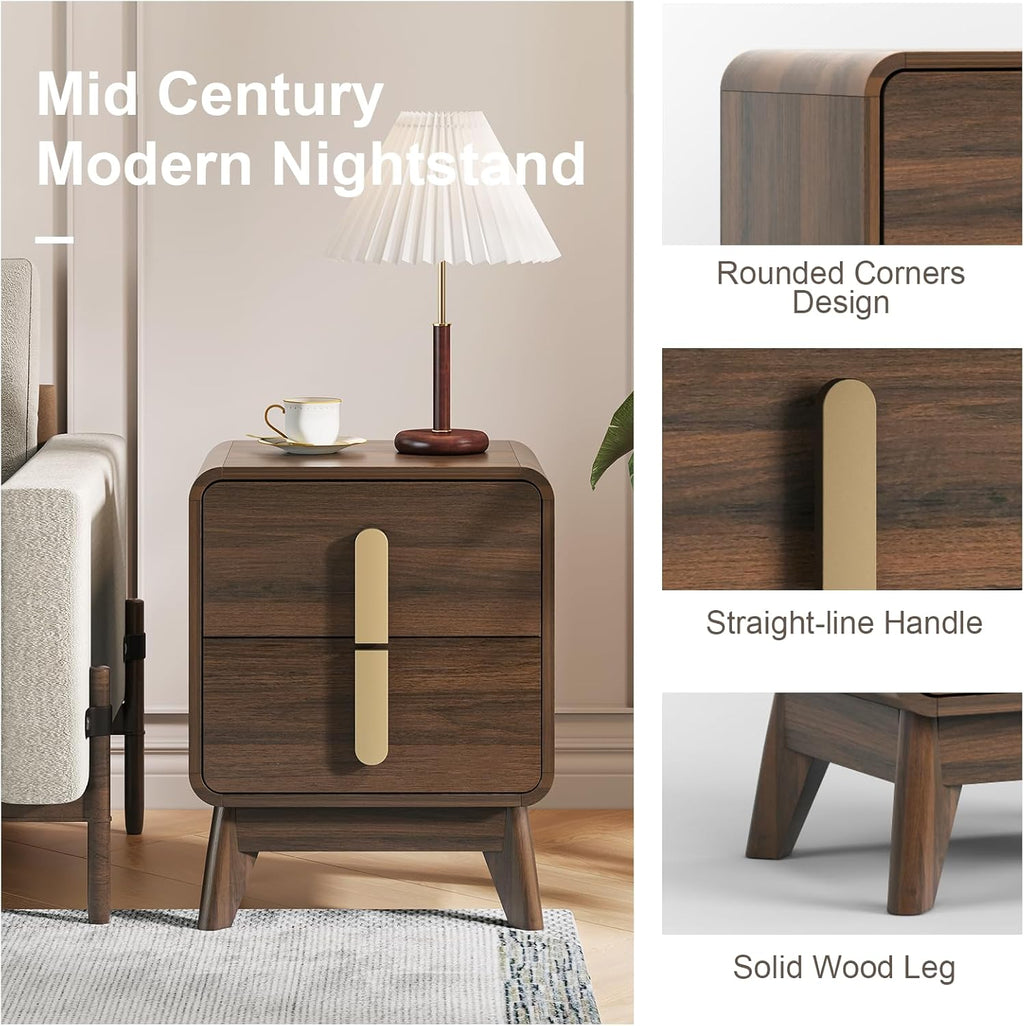 JOINICE Mid Century Modern Bedroom Set, 6 Drawer Dresser and Nightstand Sets for Bedroom, Night Stand Set 2 & 6 Drawer Dresser with Gold Handles, Wood Chest of Drawers Storage Cabinet Set, Walnut