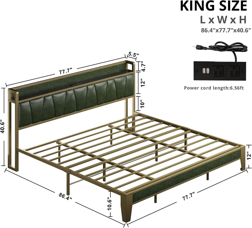 LIKIMIO King Bed Frame, Storage Headboard with Charging Station, Solid and Stable, Noise Free, No Box Spring Needed, Easy Assembly (Dark Green)