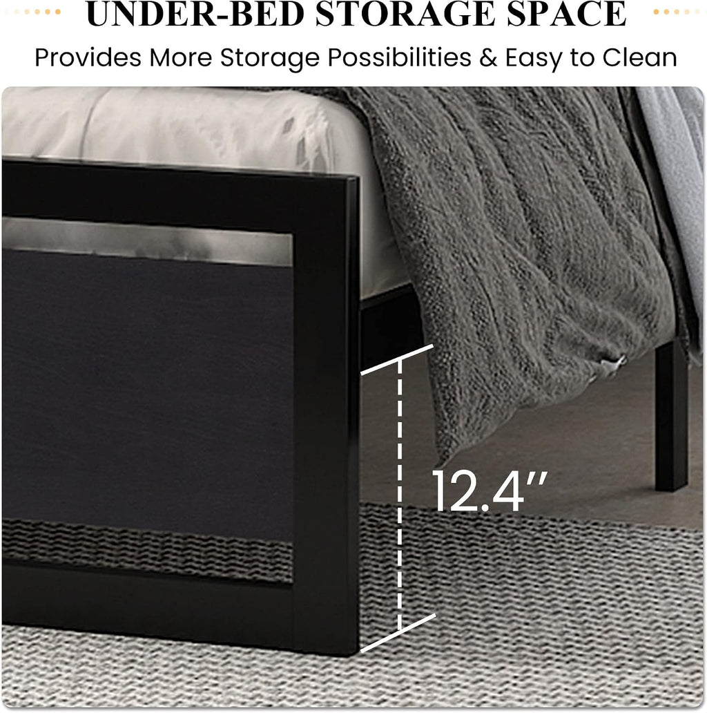 SHA CERLIN Queen Size Bed Frame with Modern Headboard, Heavy Duty Platform Metal Base with Square Footboard and 13 Strong Slats Support, No Box Spring Needed, Black