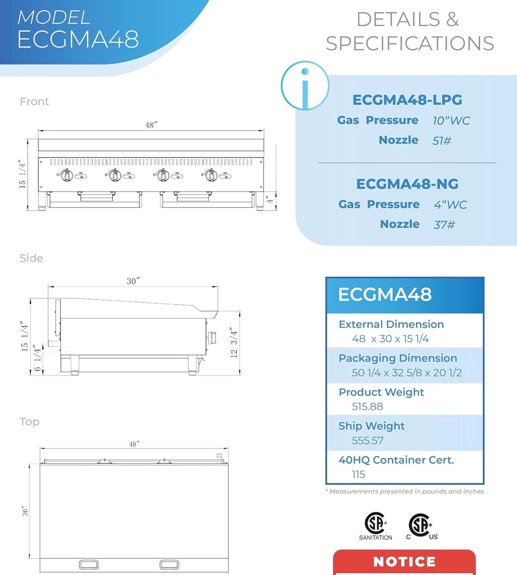 Commercial Countertop Griddle, ETL 48' Flat Top Grill Natural Gas (NG) / Propane, 4 Burners - 120000 BTU