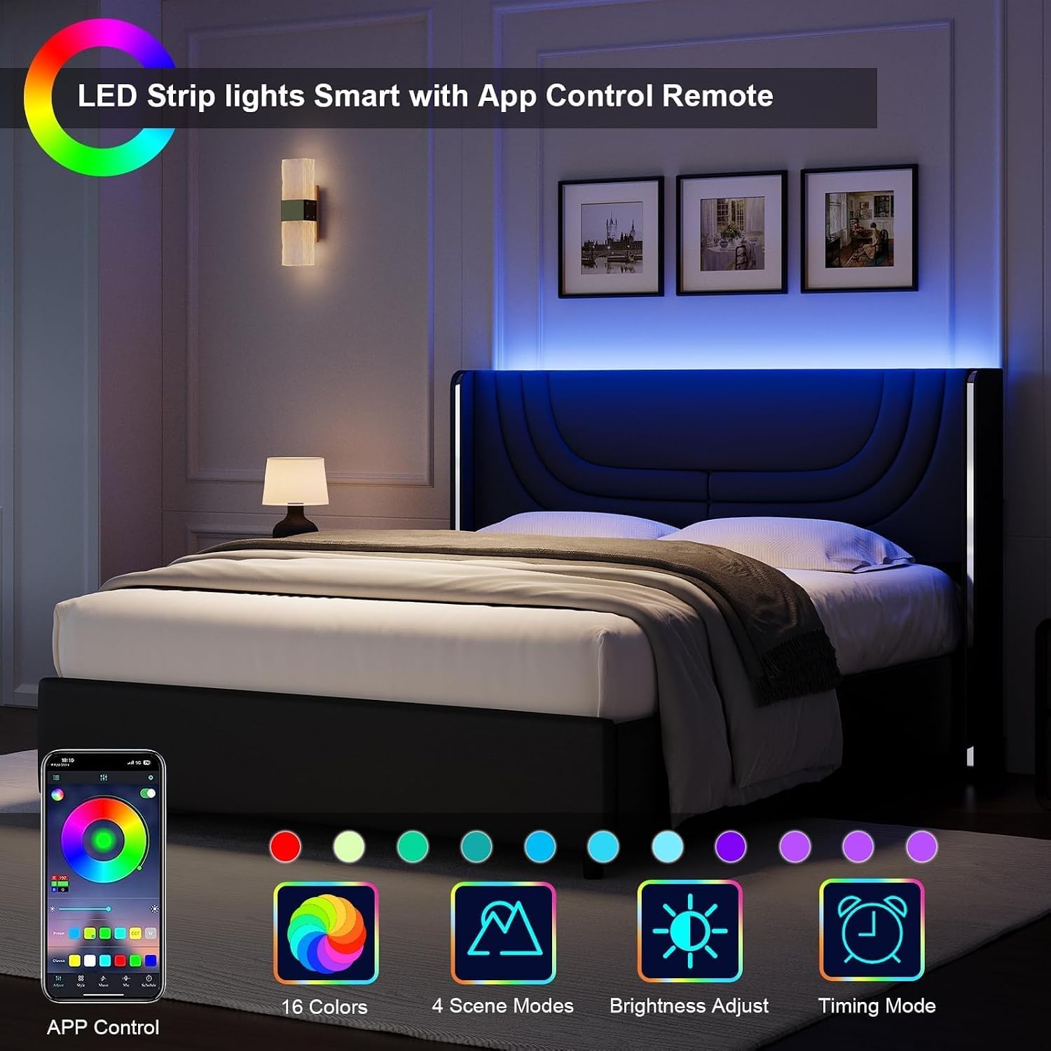 REVOMINCA Full Size Bed Frame with LED Lights, Faux Leather Upholstered Platform with Silver Wingback Headboard, Modern Style, No Box Spring Needed, Easy Assembly, Black