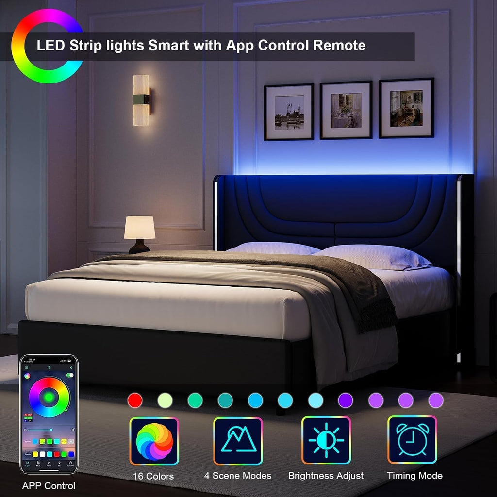 REVOMINCA Queen Bed Frame with LED Lights, Faux Leather Upholstered Platform with Silver Wingback Headboard, Modern Style, No Box Spring Needed, Easy Assembly, Black