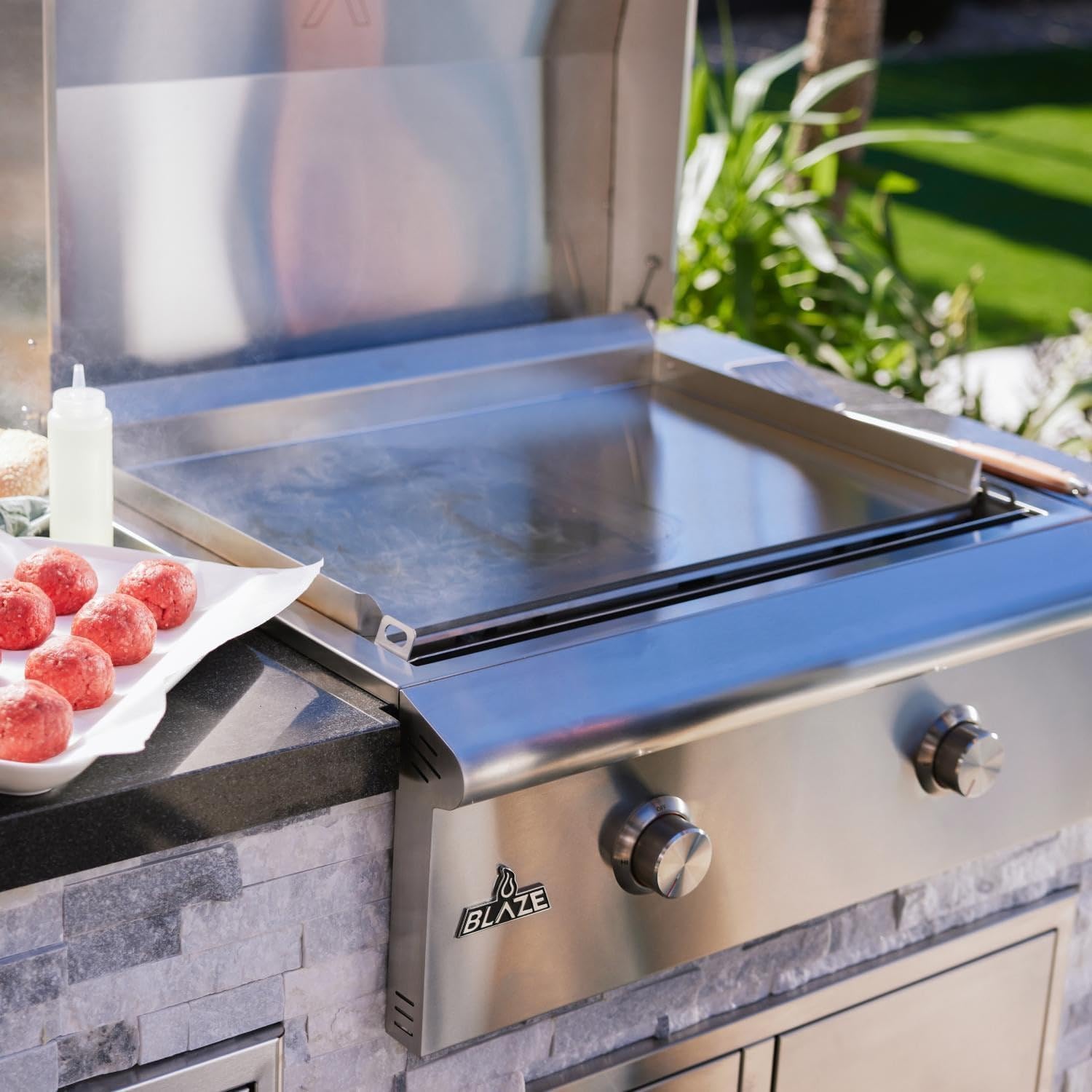 Blaze LTE+ 30-Inch Built-in Natural Gas Griddle – 304 Stainless Steel Outdoor Kitchen Flat Top, 2-Burner 30,000 BTU (15k per burner) with Lift-Assist Hood, LED Control Knobs & Front Grease Tray