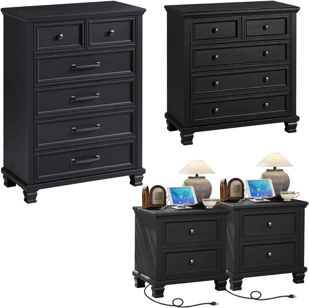 SAVOR LIFE Farmhouse Bedroom Dresser and Nightstand Set of 4, 6 Drawer Tall & 5 Drawers Dresser & 2 Drawer Nightstand Set, Rustic Wood Furniture Set for Bedroom, Hallway, Black