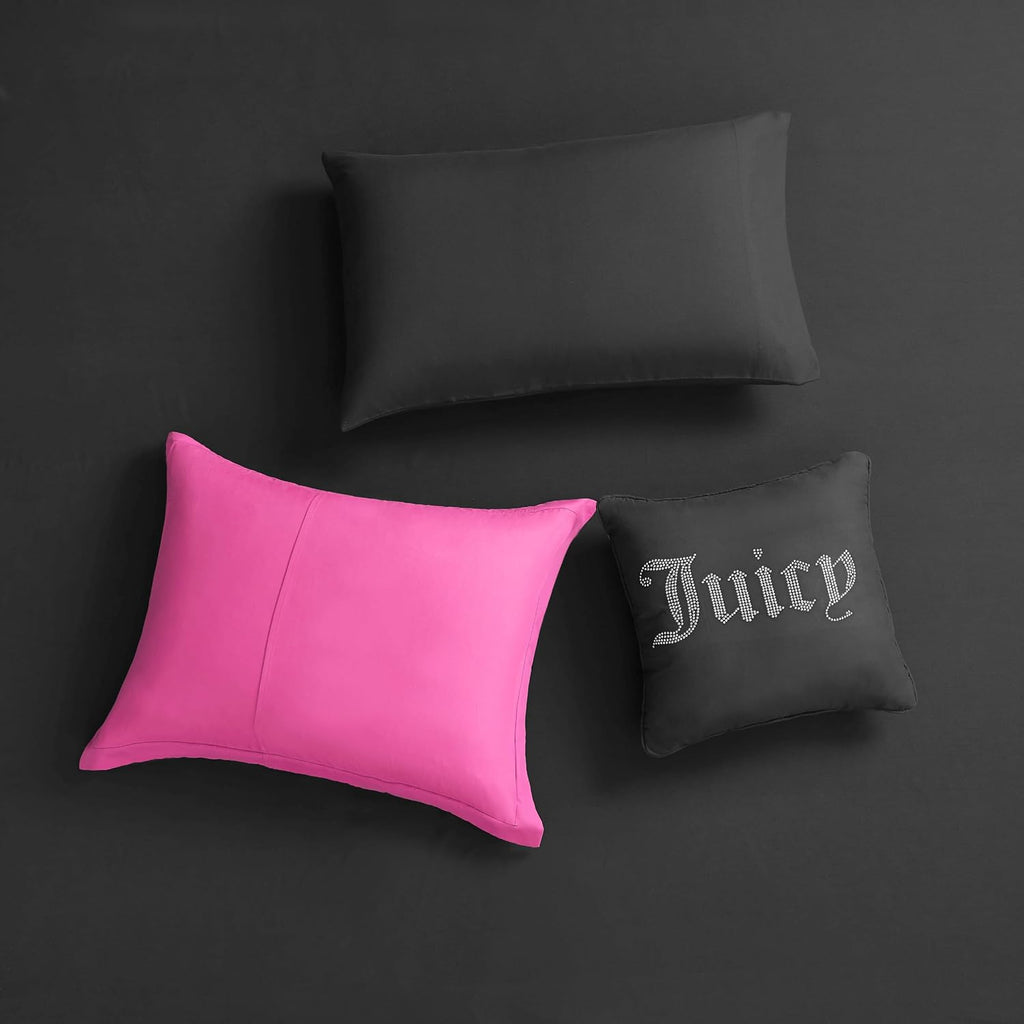 Juicy Couture Alexis Reversible Comforter Set, Twin Bed in a Bag – Black/Hot Pink, 6-Piece Bedding Collection