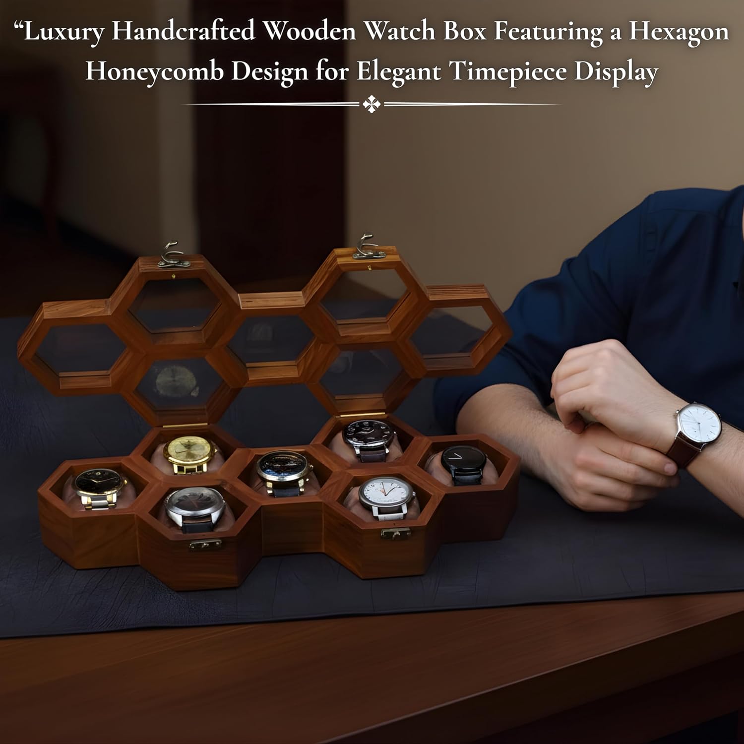 Extra Large Superior Rosewood Honeycomb Watch Box Display Case Holder Collector Organizer for Men, Vintage Watch Storage Box to Store and Keep your Watches Safe and Sophisticated (seven storage)