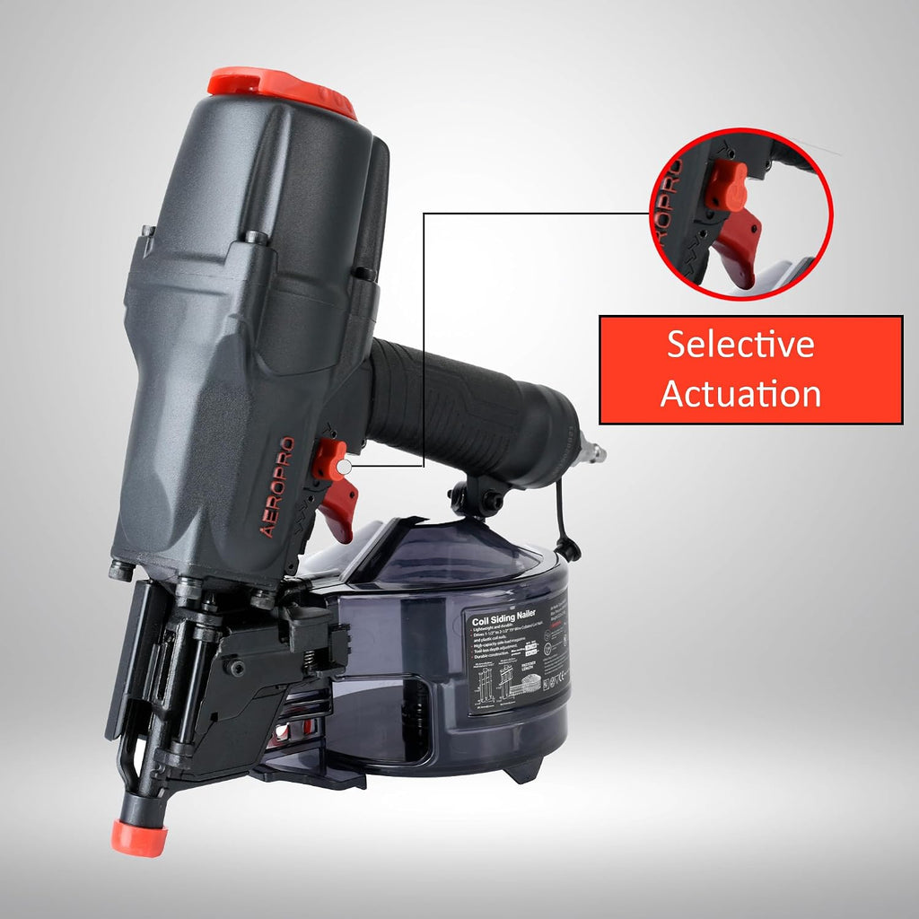 AeroPro CN65R 15 Degree 1-1/2″ to 2-1/2″ Pneumatic Coil Siding Nailer with Tool-less Depth Adjustment and Side Load, Tilt Bottom Magazine