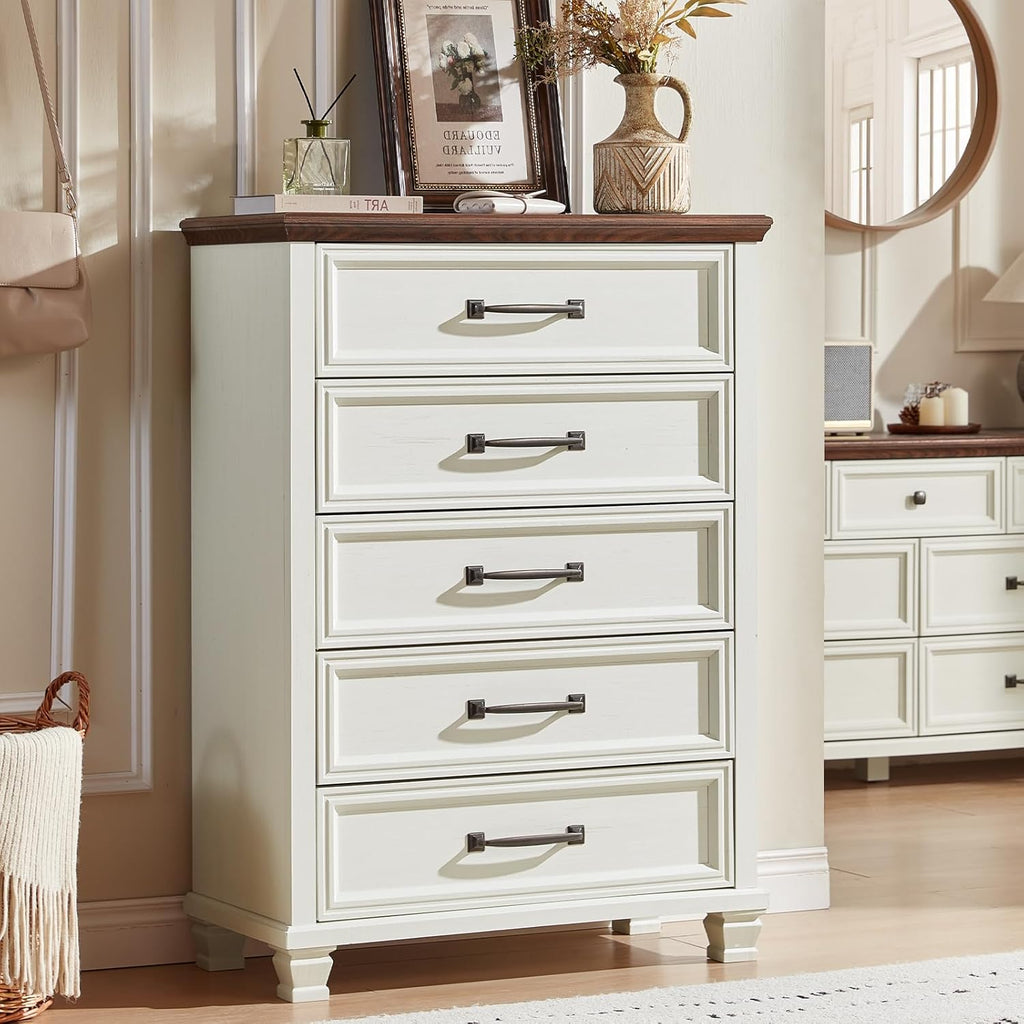 SAVOR LIFE Farmhouse Dresser and Nightstand Sets 3 Piece, 5 Drawer Dresser & 2 Drawer Nightstand Set, Rustic Wood Bedroom Furniture Set for Home, Bedroom, Hallway, White