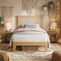 IDEALHOUSE Rattan Bed Frame Twin Size with Natural Rattan Headboard & LED Lights, Wood Twin Bed Frame with Solid Wood Foundation, No Box Spring Needed, Natural