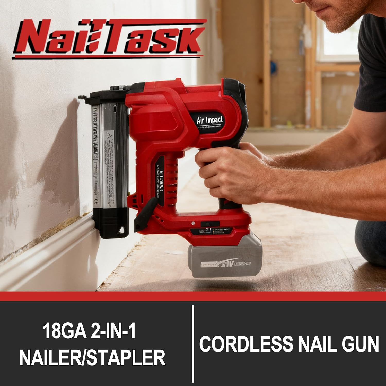 20V 18 Gauge Cordless Nail Gun Safety Pin 2 Inch Power Brad Nailer with 18GA Machine Electric Staple 2 in 1 Gun Nails Kit for Wood Upholstery DIY Framing Home Improvement (No Battery)