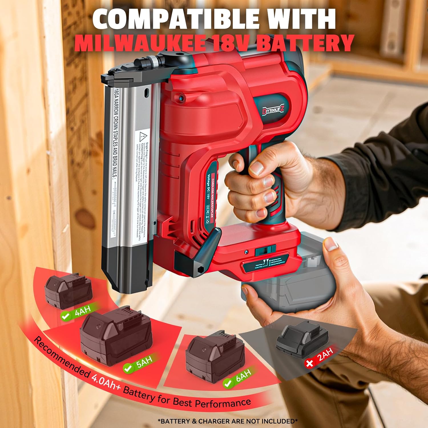 DIYtoolifz 18GA Cordless 2' Brad Nailer Compatible with Milwaukee 18V (Tool Only), 2-in-1 Nail/Staple Gun, Tool-Free Jam, Adjustable Depth, 2 Modes with 400 Nails/Staples for Woodworking, Carpentry