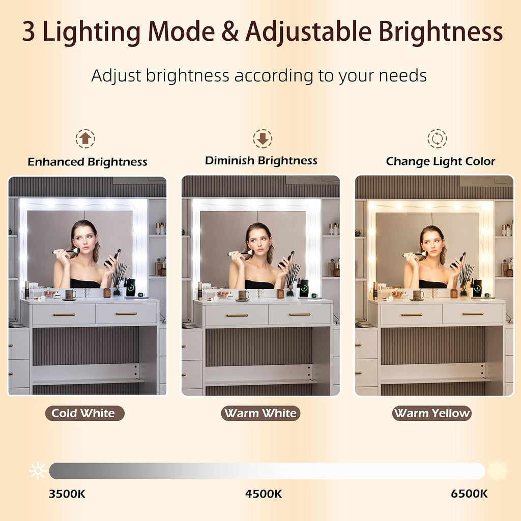 TOKSOM White Vanity Desk with Mirror, Lights & Charging Station, 58' 3 Lighting Modes Makeup Desk with 8 Drawers, 2 Cabinets and Lots Storage, Dressing Table Vanity Set with Lighted Mirror