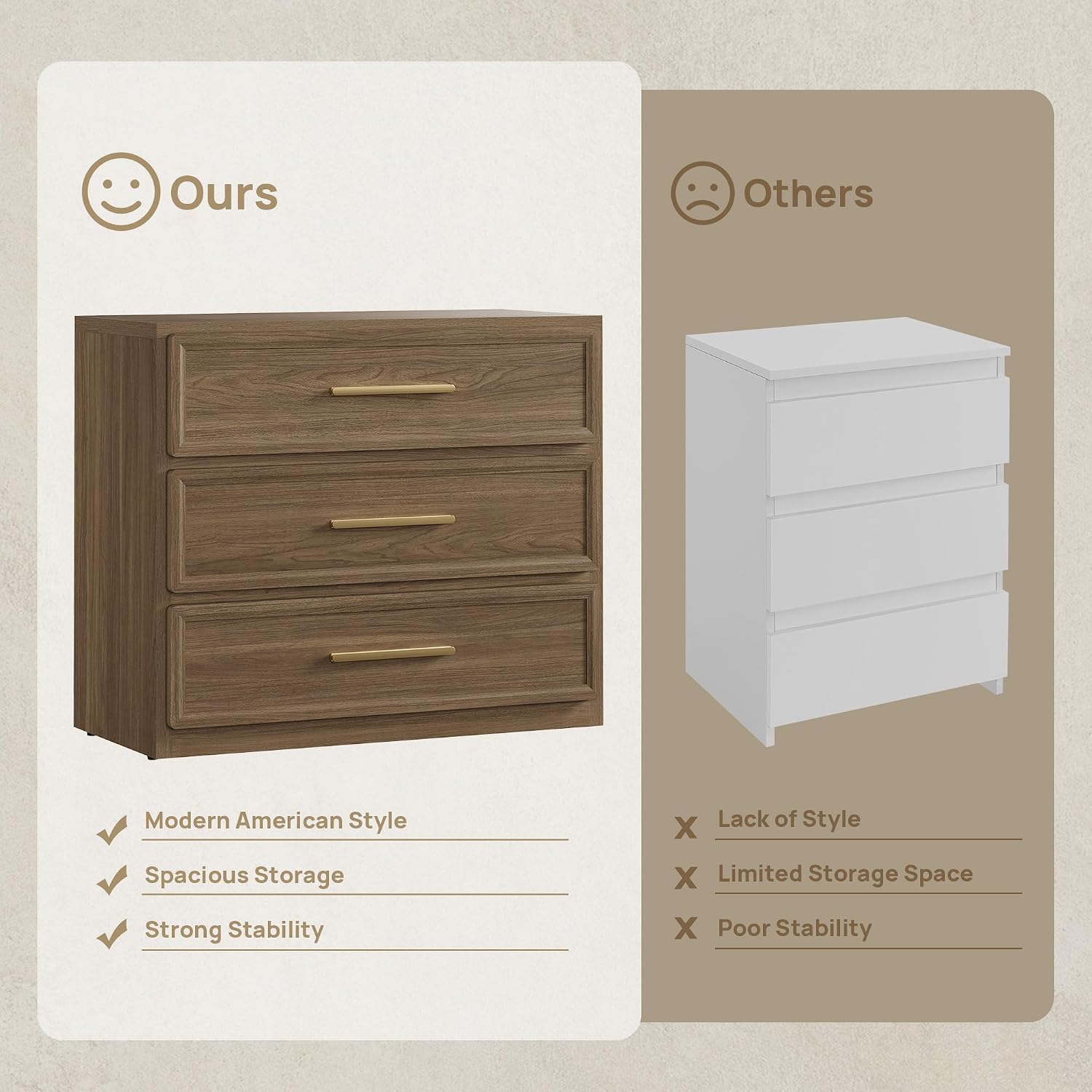 SICOTAS Night Stand Oversized Extra Large Nightstand Tall Bedside Side Table with 3 Drawers with Storage Modern End Table with Golden Handles Night Stands for Bedroom Sofa Couch Office