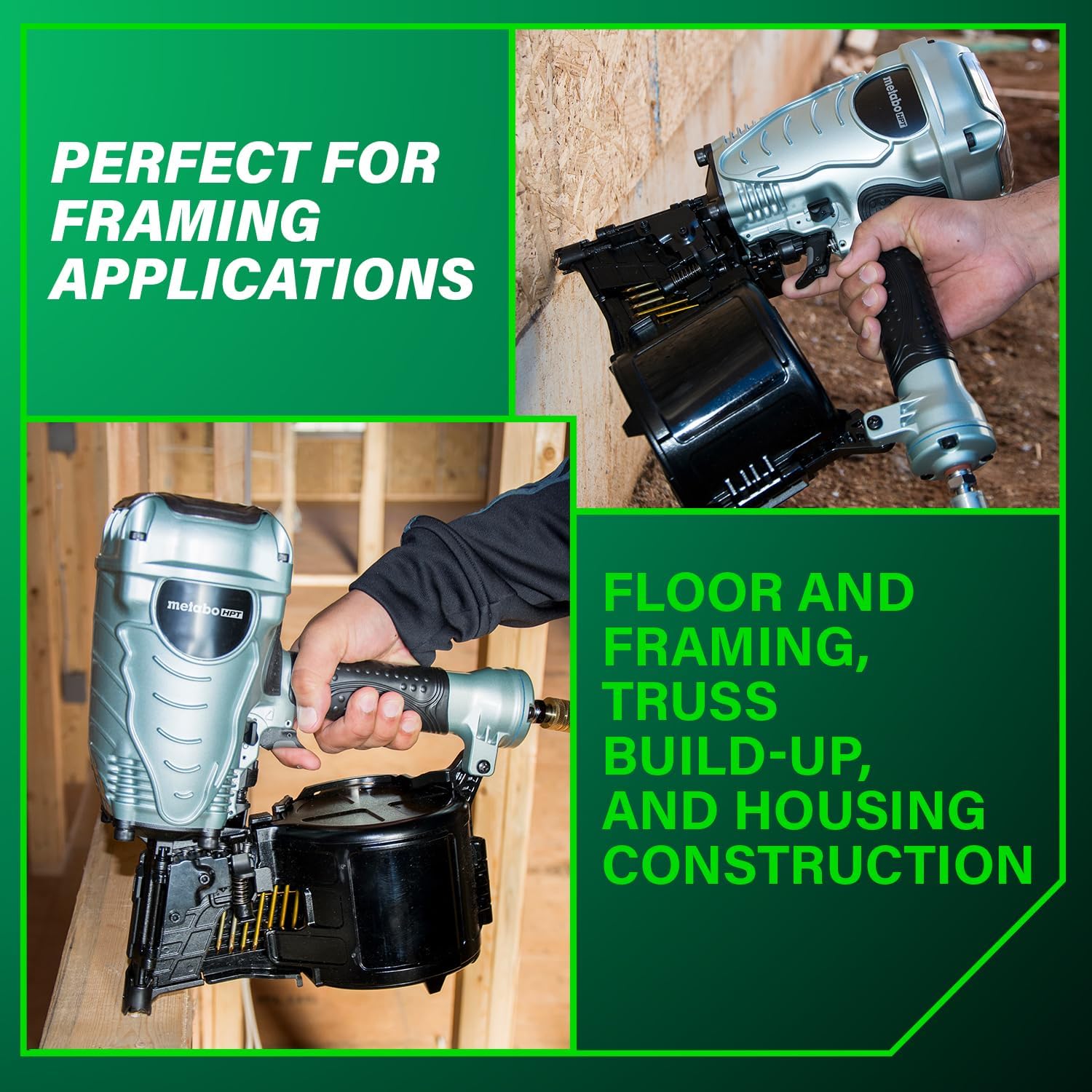 Metabo HPT Coil Framing Nailer, Pro-Preferred Pneumatic Power Nailers in Construction Tools, Versatile Framing Tool for Floor, Truss, and Roof Decking, 15° 1-3/4″ to 3-1/2″ Nails, NV90AG(S)