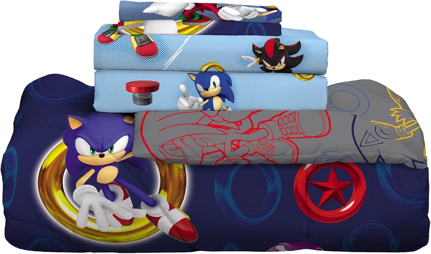 Franco Sonic The Hedgehog Anime Kids Bedding Super Soft Comforter and Sheet Set with Sham, 7 Piece Queen Size, (Official Licensed Product)