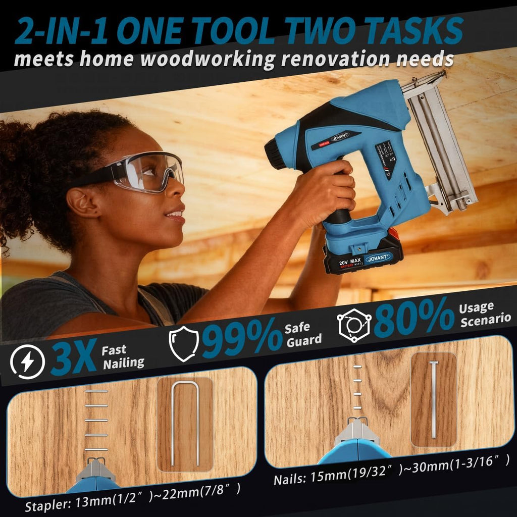 2-in-1 Cordless Nail Gun with 5/8' Angle Grinder, Cordless nail gun with battery,2×2.0Ah Batteries for Woodworking and Grinding JOVANT