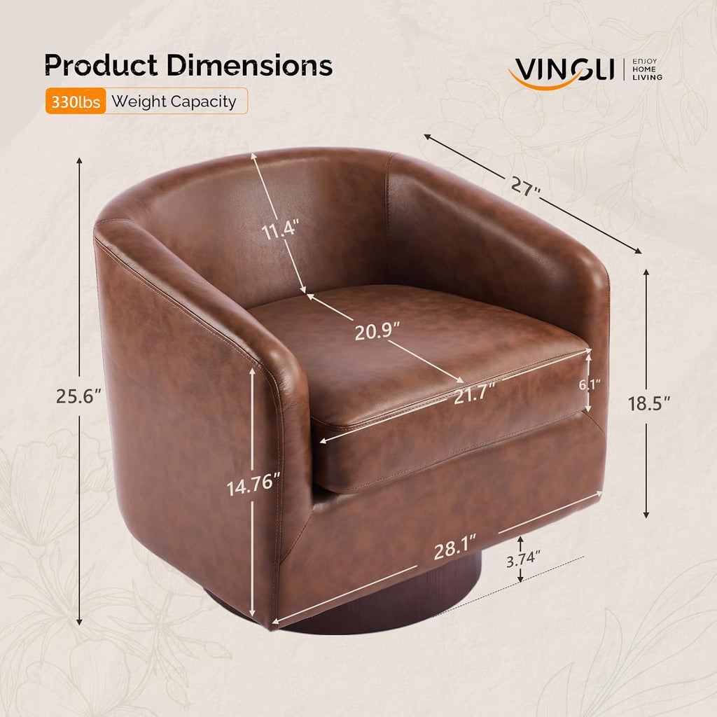 VINGLI 360°Swivel Accent Chairs Set of 2 with Engineered Wood Base and Removable Cushion for Living Room, Bedroom, Curved Back Barrel Chairs for Small Space, Upholstered Bucket Armchairs, Pu-Brown
