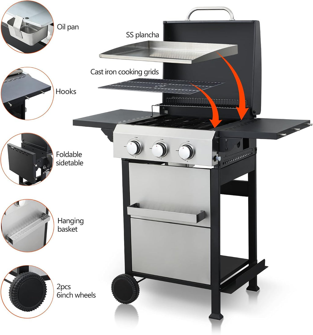 3-Burner Propane Gas BBQ Grill, Portable Outdoor Grill with Stainless Steel Plancha and 36900 BTU Output, Foldable Side Table & Hanging Baskets, Gas for Backyard, Camping and Tailgating (45 IN)
