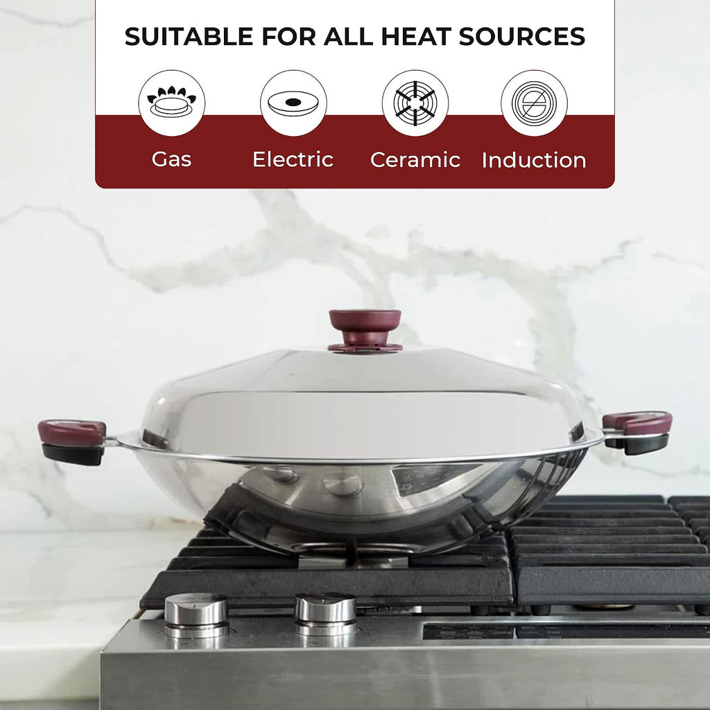 BUFFALO Clad Stainless Steel Wok Pan with Lid Flat Bottom 14 inch (35cm) Stir Frying Pan Tri-Ply Nonstick Cookware - Double Handle Cooking Pot for Induction/Electric/Gas Stoves