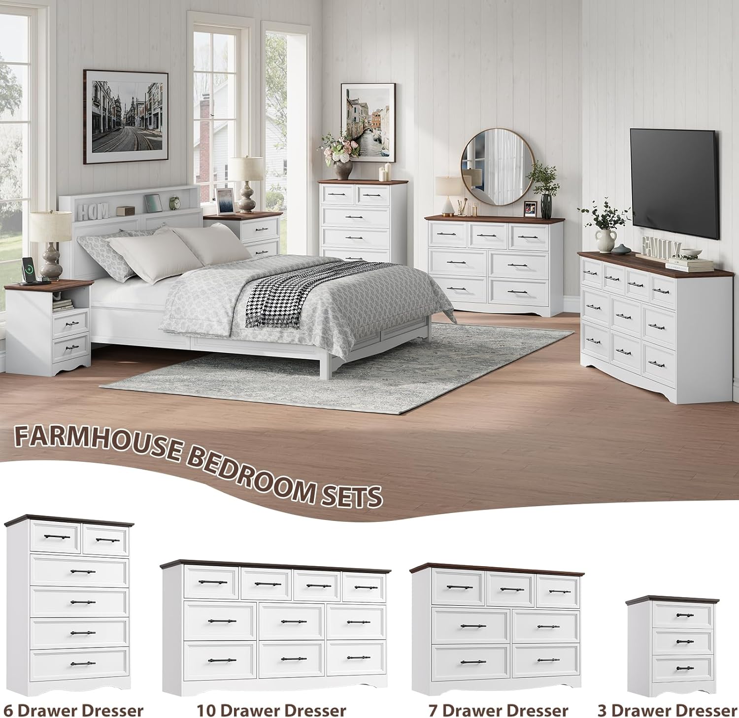 Bedroom Set, 3 Pieces Bedroom Furniture Set, Wood 7 Drawer Dresser and Nightstands with Charging Station, Farmhouse Storage Organizer Cabinet for Bedroom, White