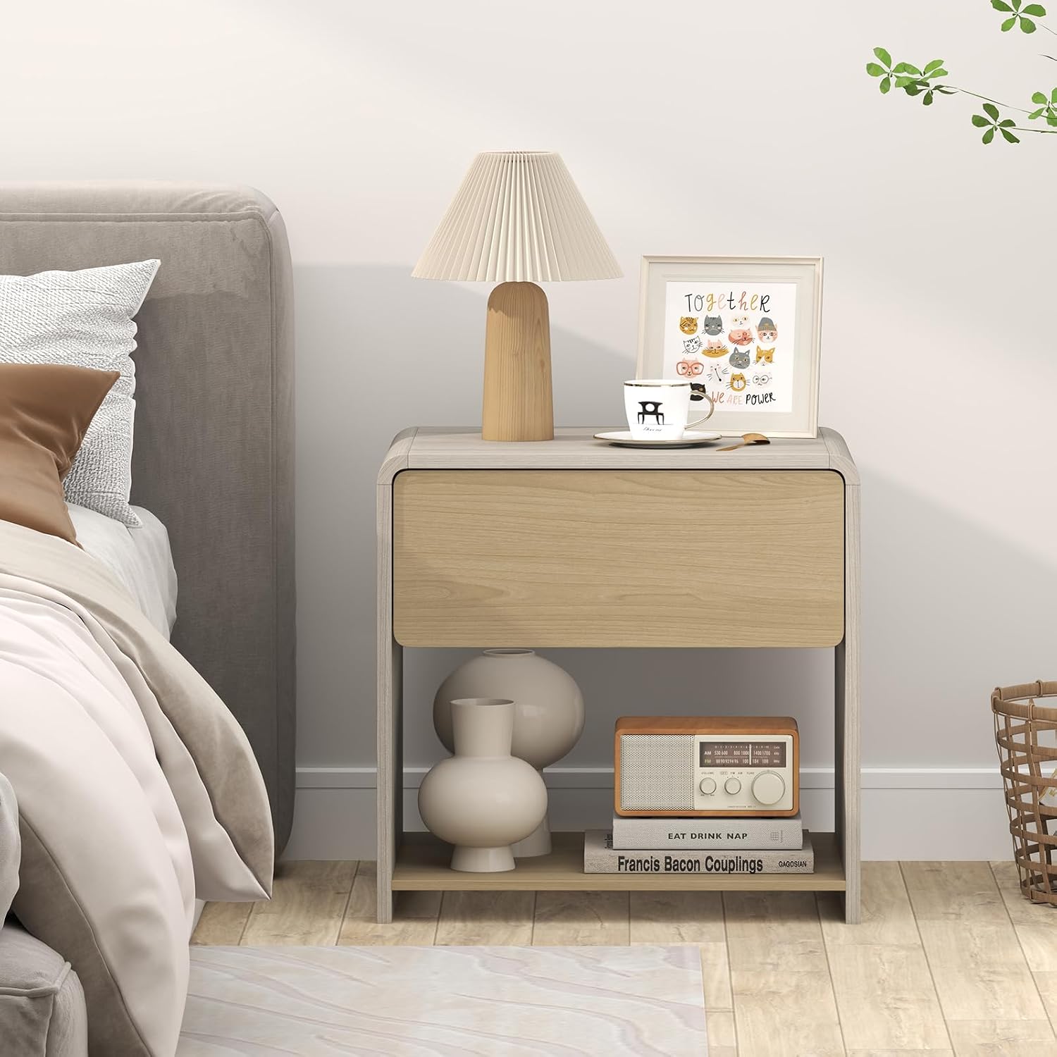 Giantex Modern Nightstand with Drawer Set of 2, Wooden Bedside Table with Storage Open Shelf, Accent End Table for Small Spaces, Curve Design Night Stand for Bedroom Couch Sofa Home Office, Oak