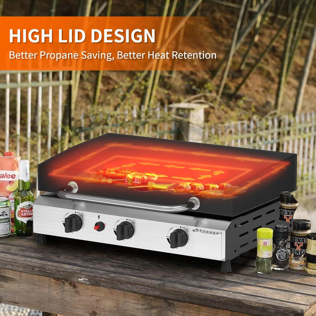 SKOK 3 Burner Gas Griddle with Lid- 25.6 Inch Outdoor Propane Griddle- Portable Flat Top Gas Grill Camping Griddle for Kitchen, Outdoor BBQ, Camping Tailgating or Picnicking