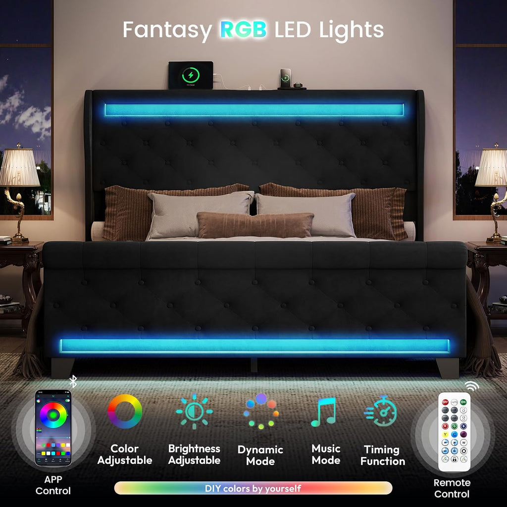 Belffin Queen Size Bed Frame with Headboard,50' Tall Headboard Upholstered Velvet Platform Bed with LED Lights & 2 USB Port/1 Type C Port, Button Tufted, No Box Spring Needed,Noise Free,Black