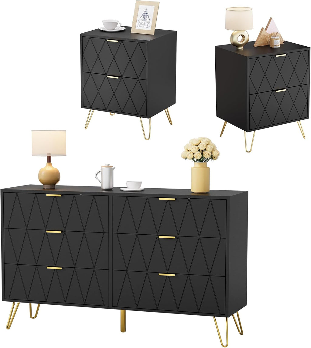 Anbuy Bedroom Sets 3 Piece Black 6 Drawer Dresser and Night Stand Sets for Bedroom, Two Drawers Nightstand Set of 2 & 6 Drawer Dresser Combo 3 Pieces (Black)