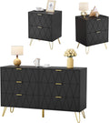 Anbuy Bedroom Sets 3 Piece Black 6 Drawer Dresser and Night Stand Sets for Bedroom, Two Drawers Nightstand Set of 2 & 6 Drawer Dresser Combo 3 Pieces (Black)