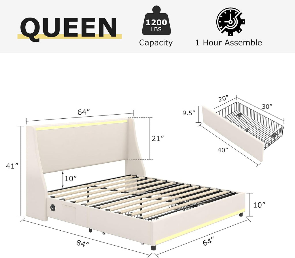 VECELO Queen Size Bed Frame with Storage Drawers, Upholstered Platform Bedframe with Wingback Headboard, No Box Spring Needed, Beige