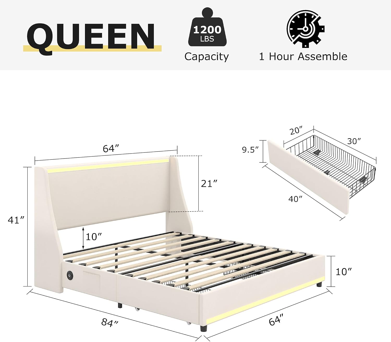 VECELO Queen Size Bed Frame with Storage Drawers, Upholstered Platform Bedframe with Wingback Headboard, No Box Spring Needed, Beige