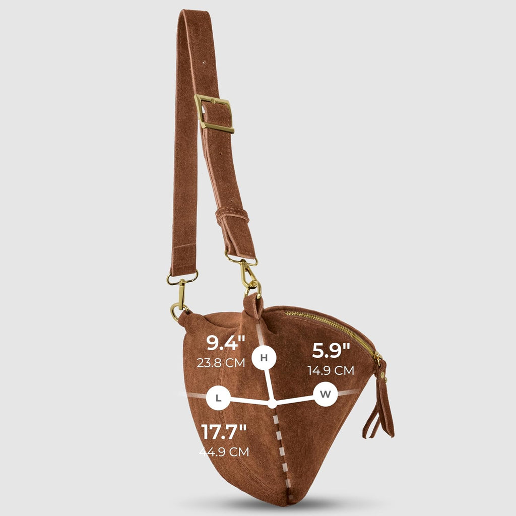 Italian Genuine Suede Crossbody Bag for Women with Zipper & Detachable Strap | Large Travel Chest Sling Fanny Pack (Brown)