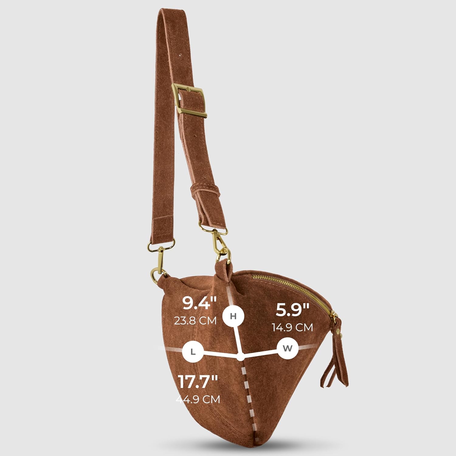 Italian Genuine Suede Crossbody Bag for Women with Zipper & Detachable Strap | Large Travel Chest Sling Fanny Pack (Brown)