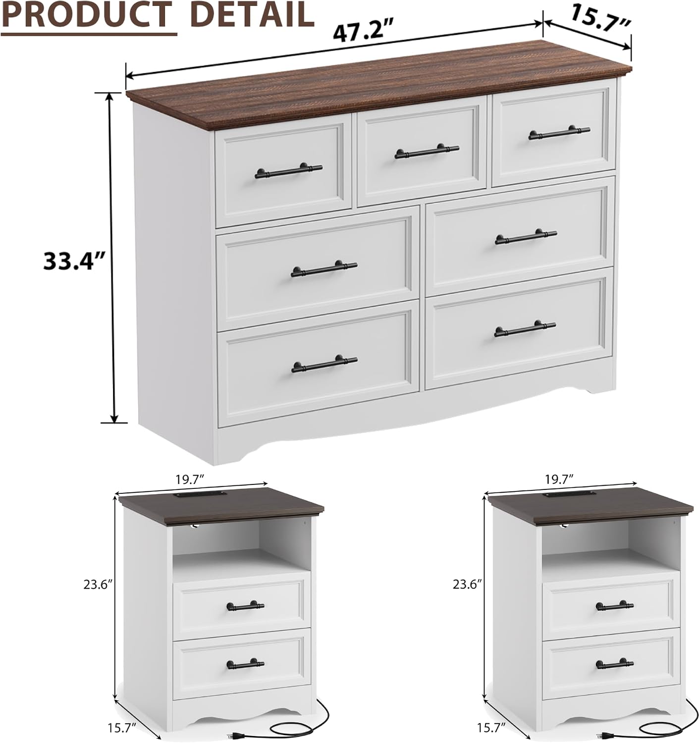 Bedroom Set, 3 Pieces Bedroom Furniture Set, Wood 7 Drawer Dresser and Nightstands with Charging Station, Farmhouse Storage Organizer Cabinet for Bedroom, White