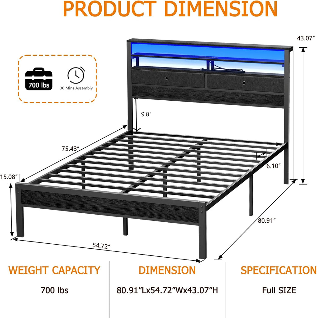 Furnulem Full Size Bed Frame with Headboard, 3-Tier Storage Shelves & 2 Fabric Drawers, Built-in Charging Station & RGB LED Lights, Metal Slat Support, No Box Spring Needed, Easy Assembly, Black Oak