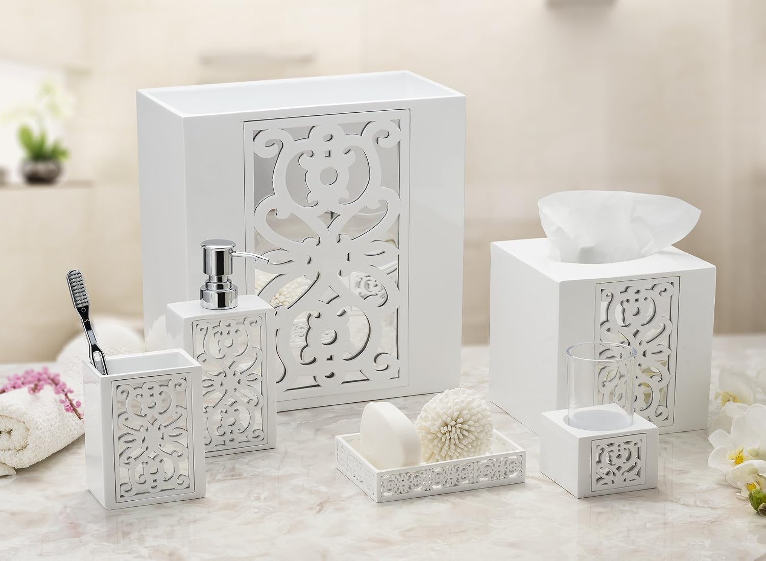 Creative Scents Mirror Janette White Bathroom Accessories Set Complete - 6 Piece Bathroom Set Includes: Soap Dispenser, Toothbrush Holder, Tumbler Cup, Soap Dish, Tissue Cover, and Wastebasket