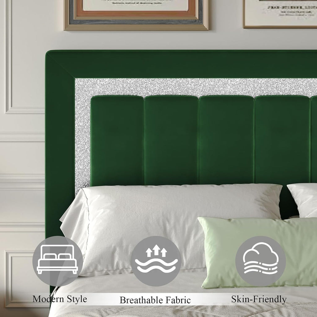 HOMBCK Twin Bed Frames, Twin Size Bed Frames with Upholstered Headboard and Footboard, Velvet Bed Frame with Wooden Salts, No Box Spring Required, Easy Assembly, Green
